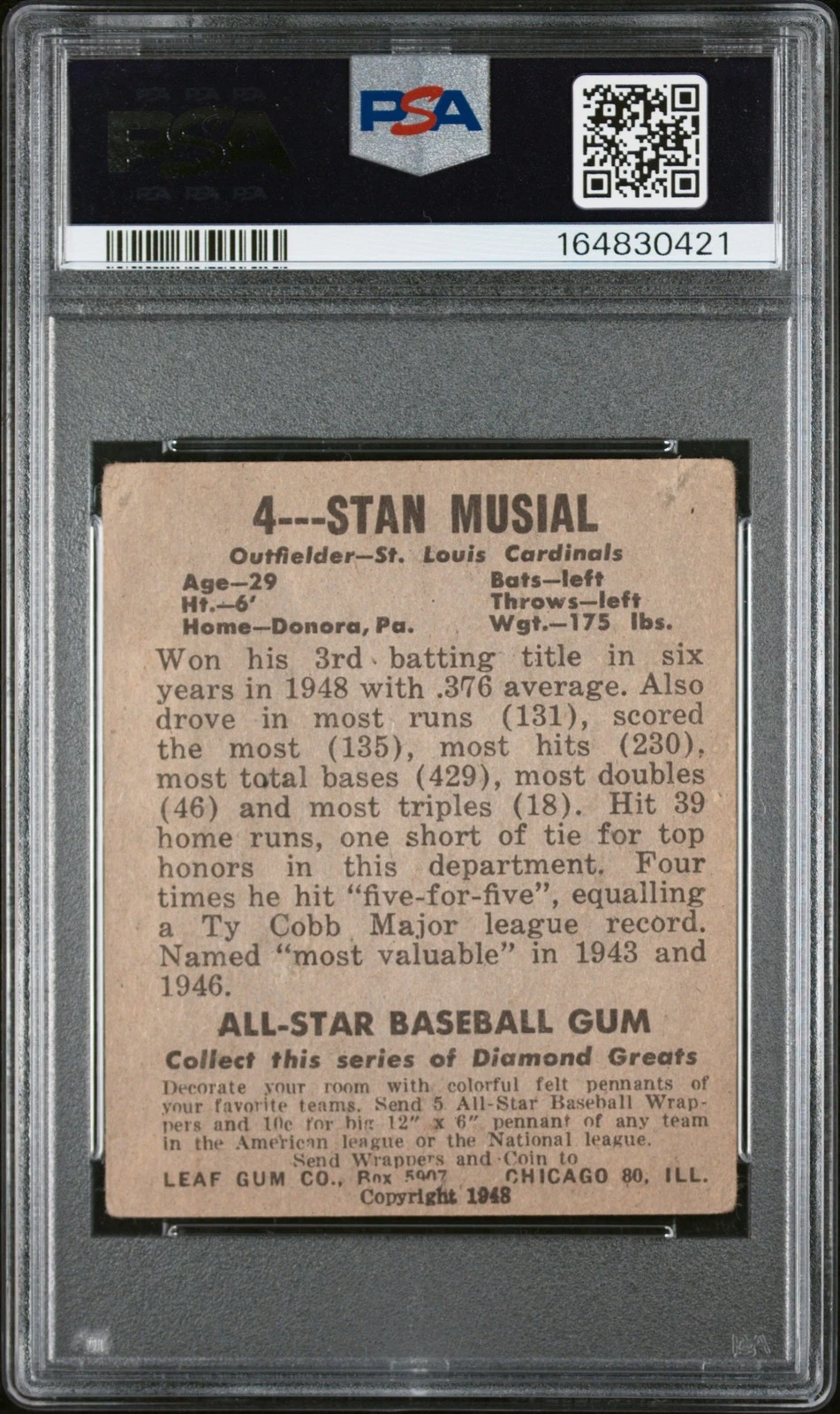 1948-49 Leaf Stan Musial #4 back