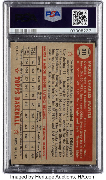 1952 Topps Mickey Mantle #311 back
