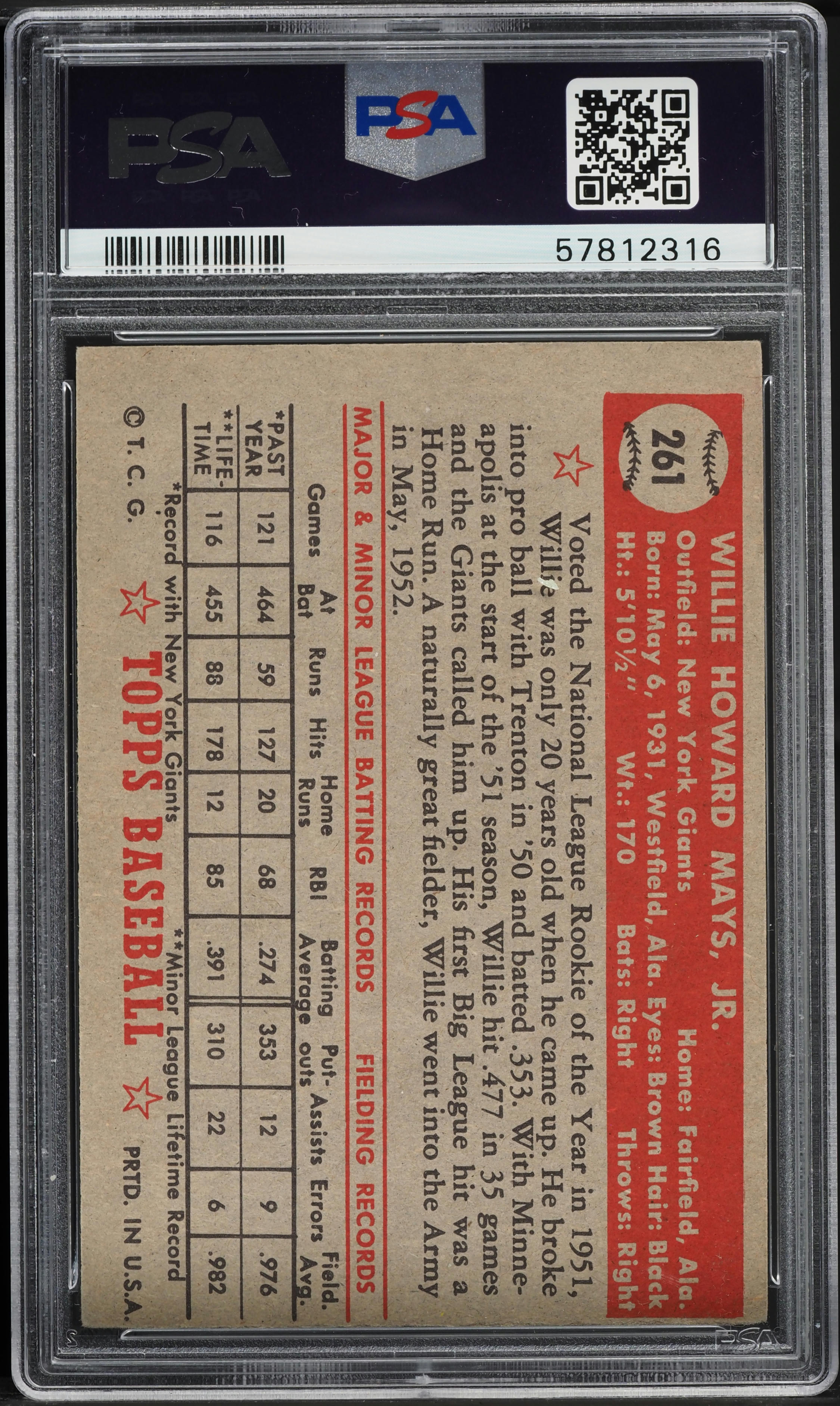 1952 Topps Willie Mays #261 back