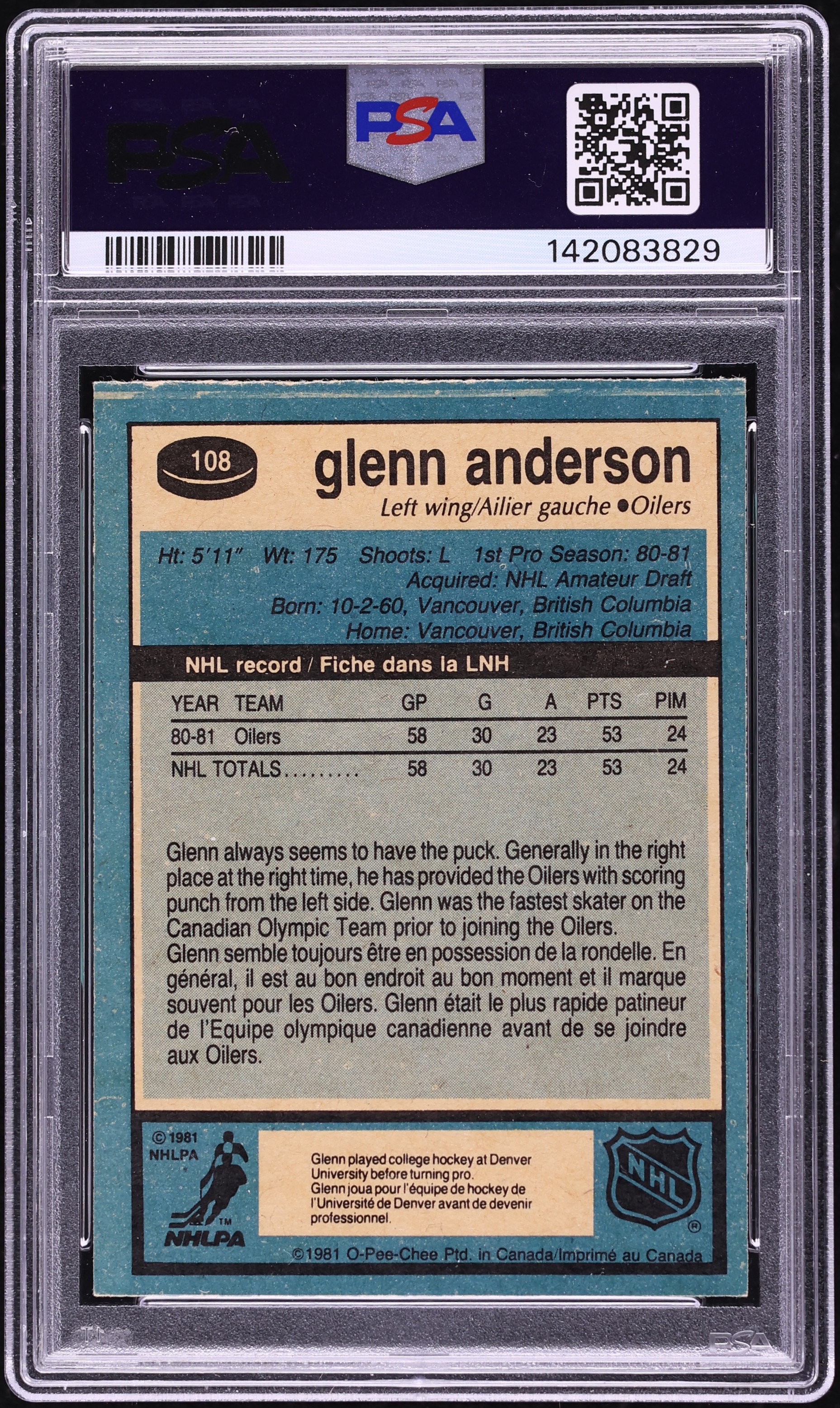 1981-82 O-Pee-Chee Glenn Anderson #108 back