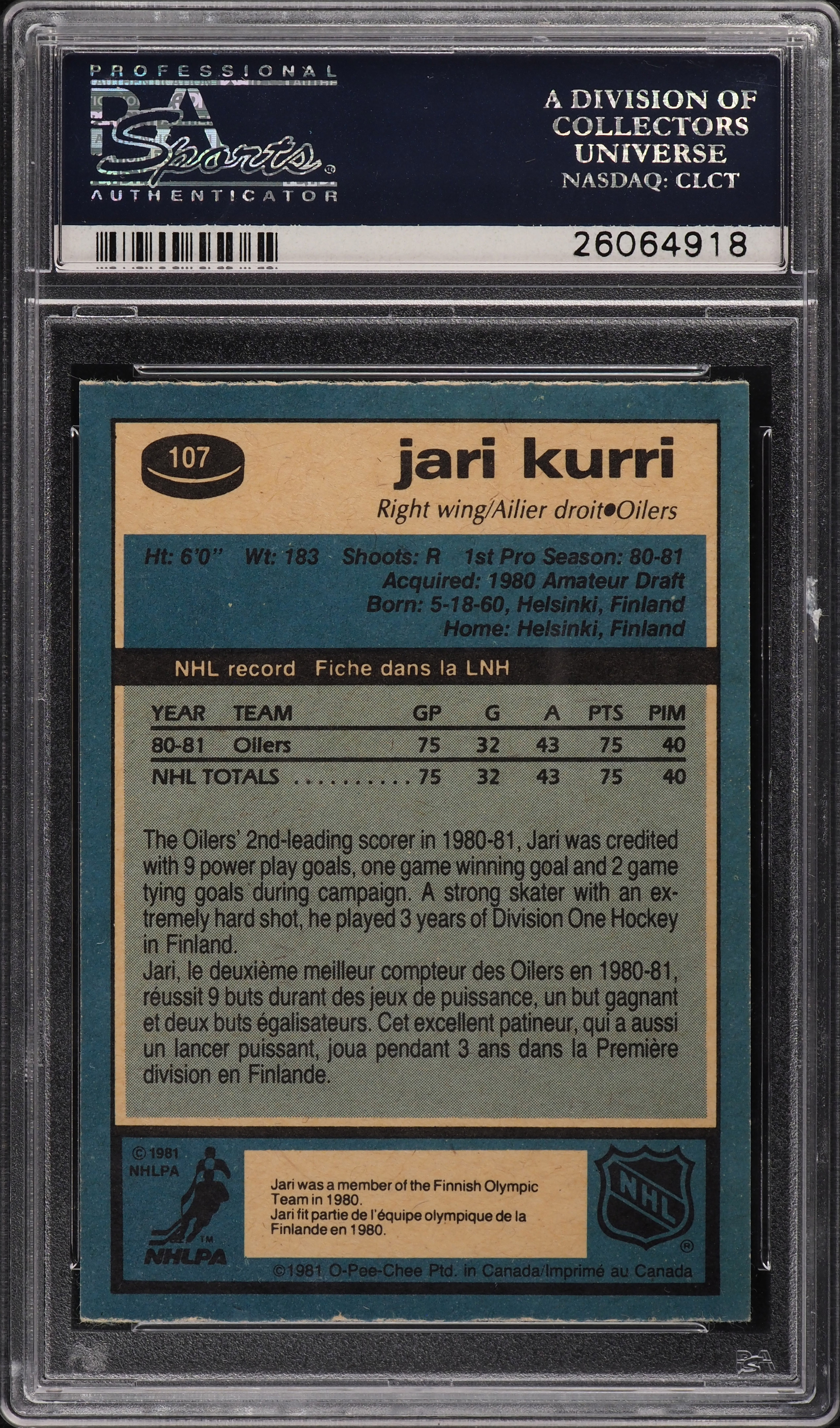 1981-82 O-Pee-Chee Jari Kurri #107 back