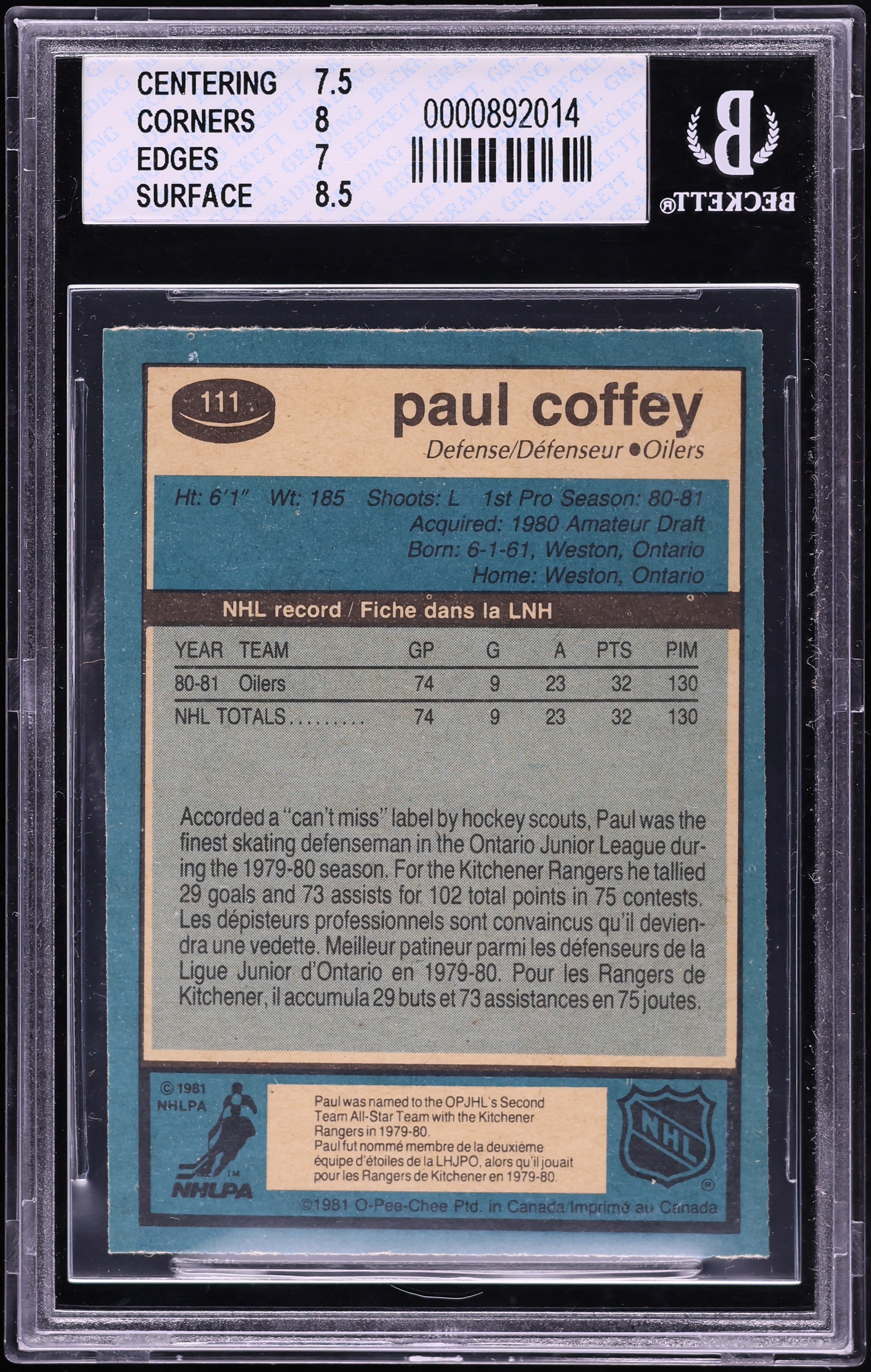1981-82 O-Pee-Chee Paul Coffey #111 back